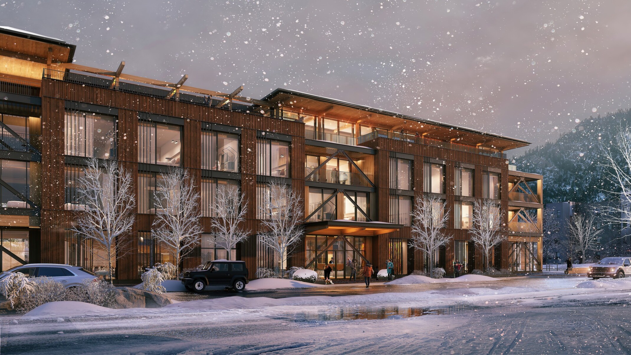 architectural rendering of Common Pine mass timber hotel in a snowy weather; three floor timber building with large windows along the front facade