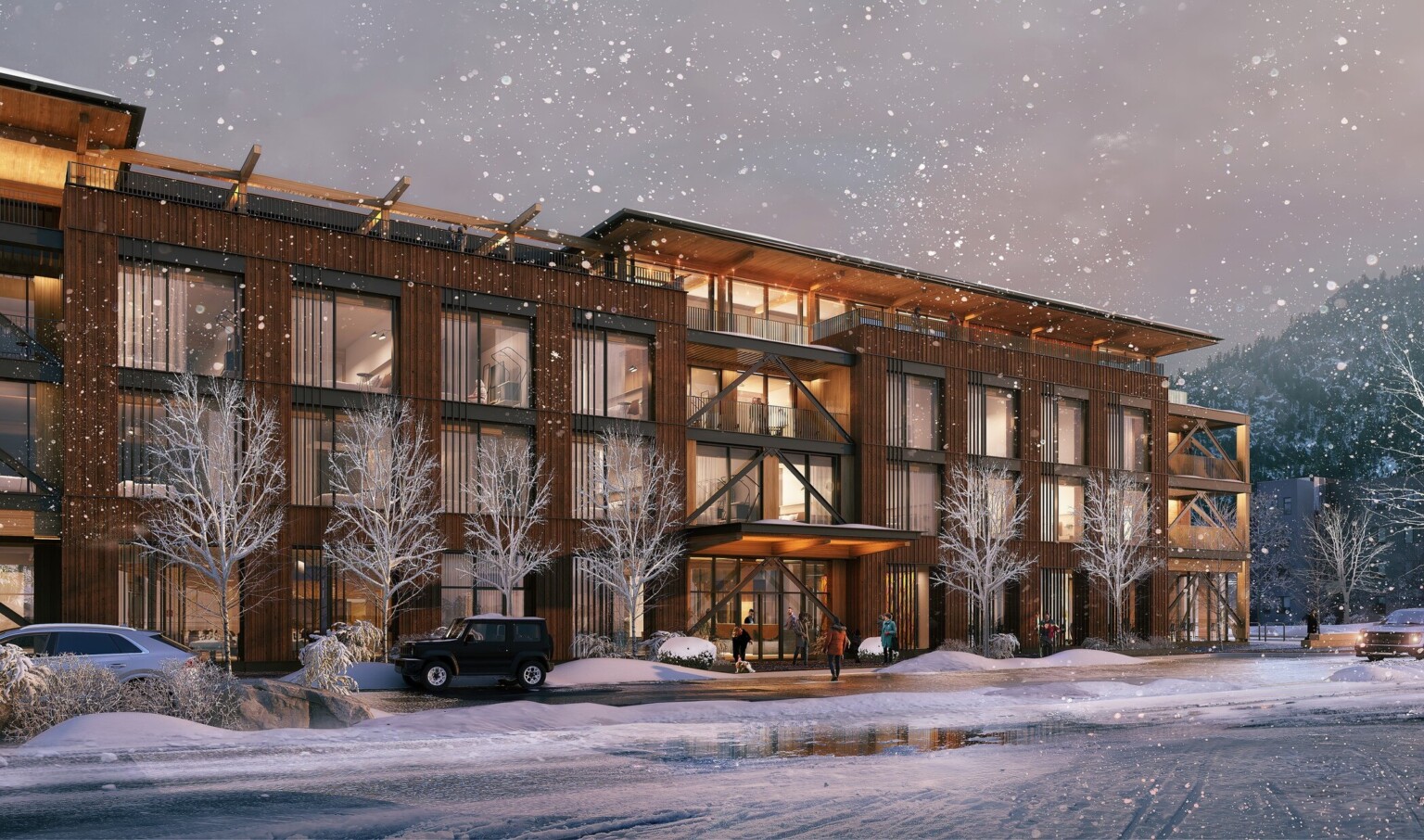 architectural rendering of Common Pine mass timber hotel in a snowy weather; three floor timber building with large windows along the front facade