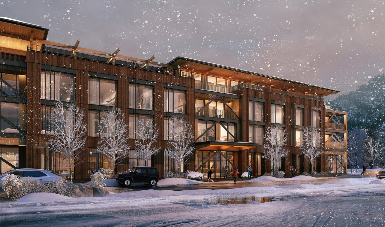 architectural rendering of Common Pine mass timber hotel in a snowy weather; three floor timber building with large windows along the front facade