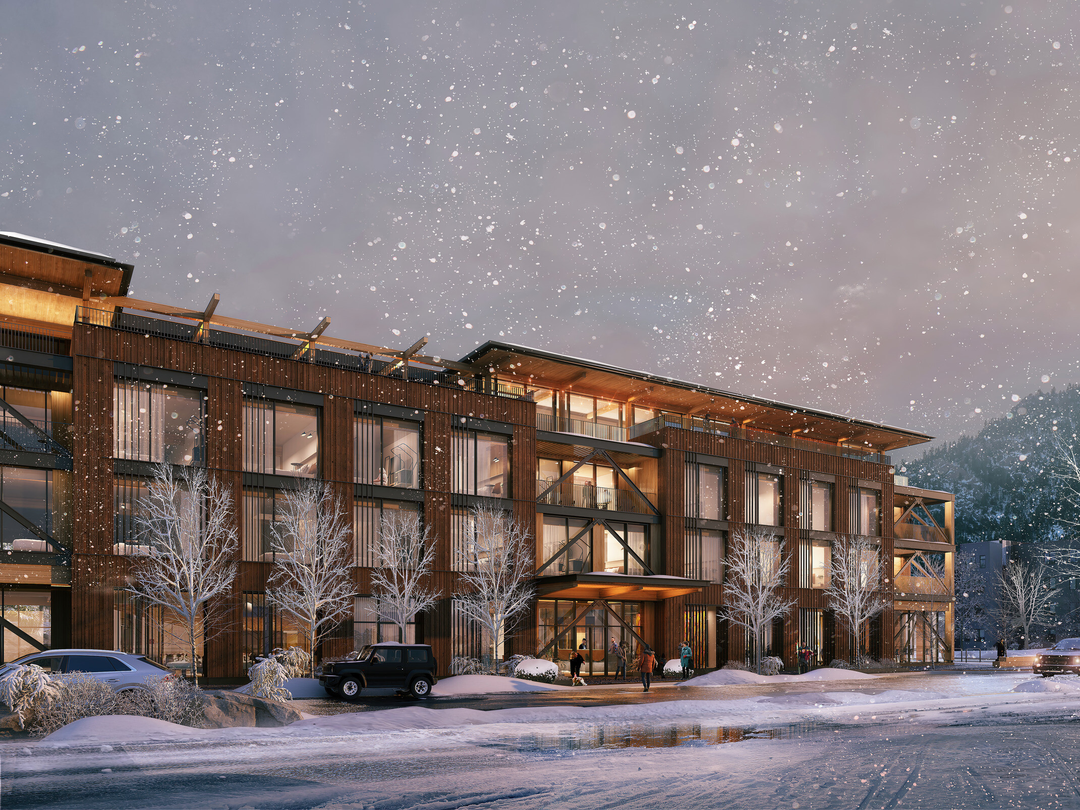 architectural rendering of Common Pine mass timber hotel in a snowy weather; three floor timber building with large windows along the front facade