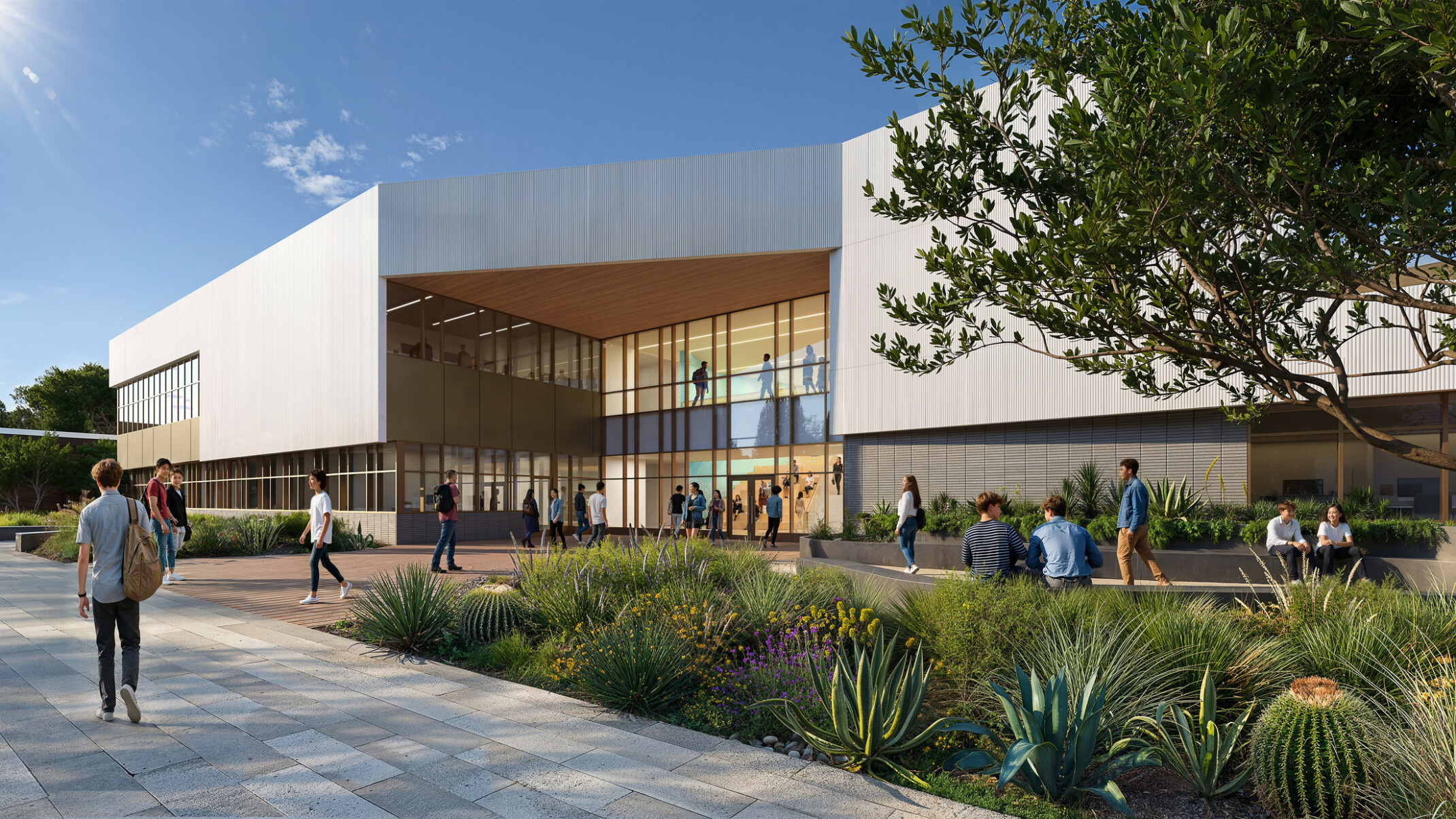 Architectural rendering of a modern high school; neutral gray and tan tones on the square elevated building; against a blue sky; with walkway of people in foreground