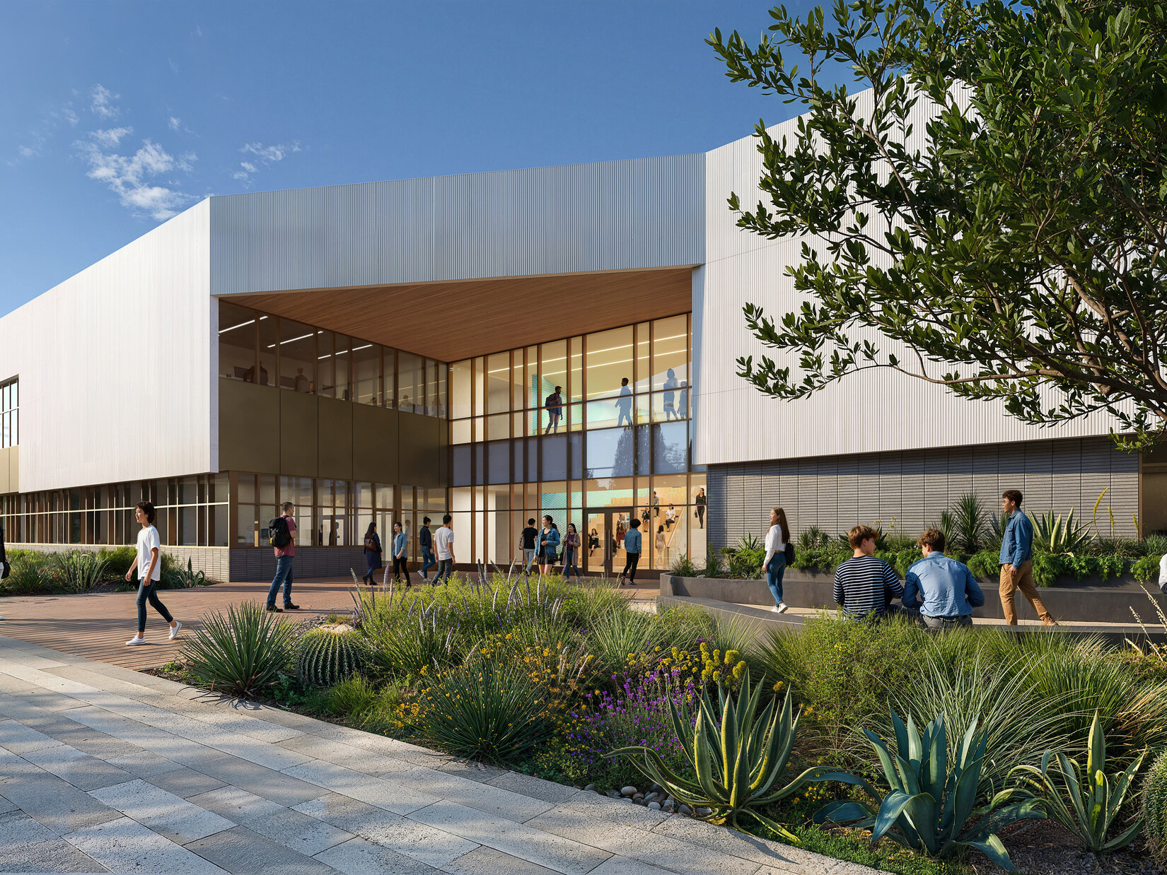Architectural rendering of a modern high school; neutral gray and tan tones on the square elevated building; against a blue sky; with walkway of people in foreground