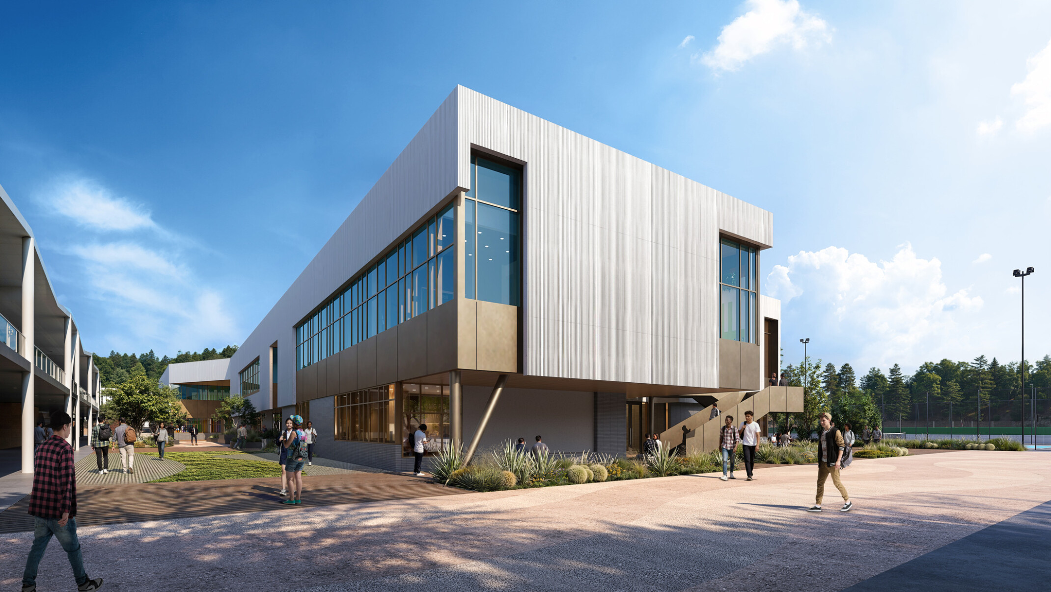 Architectural rendering of a modern high school; neutral gray and tan tones on the square elevated building; against a blue sky; with walkway of people in foreground
