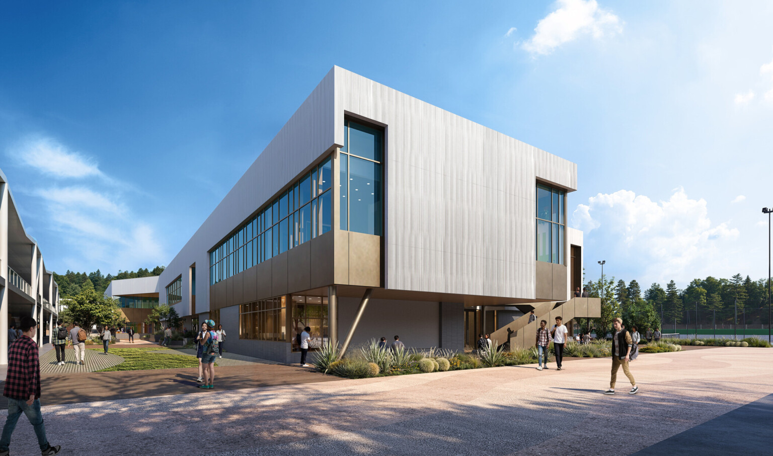 Architectural rendering of a modern high school; neutral gray and tan tones on the square elevated building; against a blue sky; with walkway of people in foreground