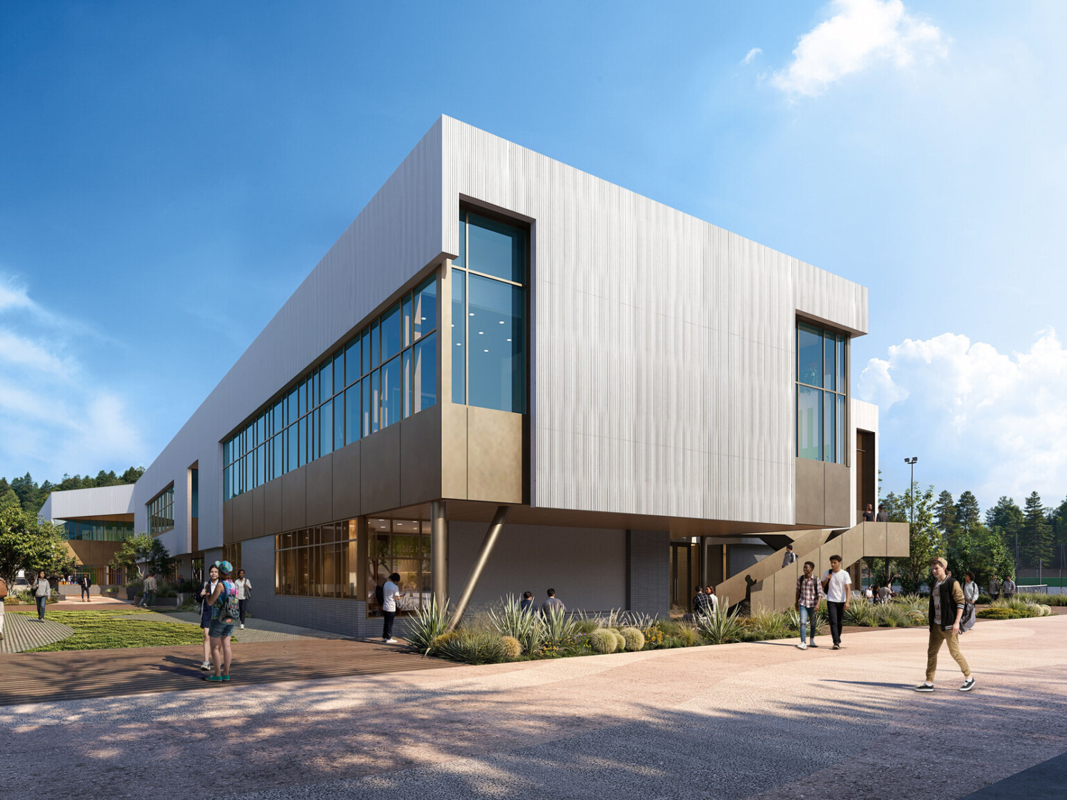 Architectural rendering of a modern high school; neutral gray and tan tones on the square elevated building; against a blue sky; with walkway of people in foreground