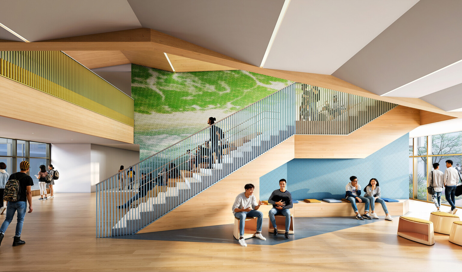 Architectural rendering of a modern high school; vibrant bright wood interior elements on staircase and double height space; students sitting in common areas; blue and green mural against the staircase wall