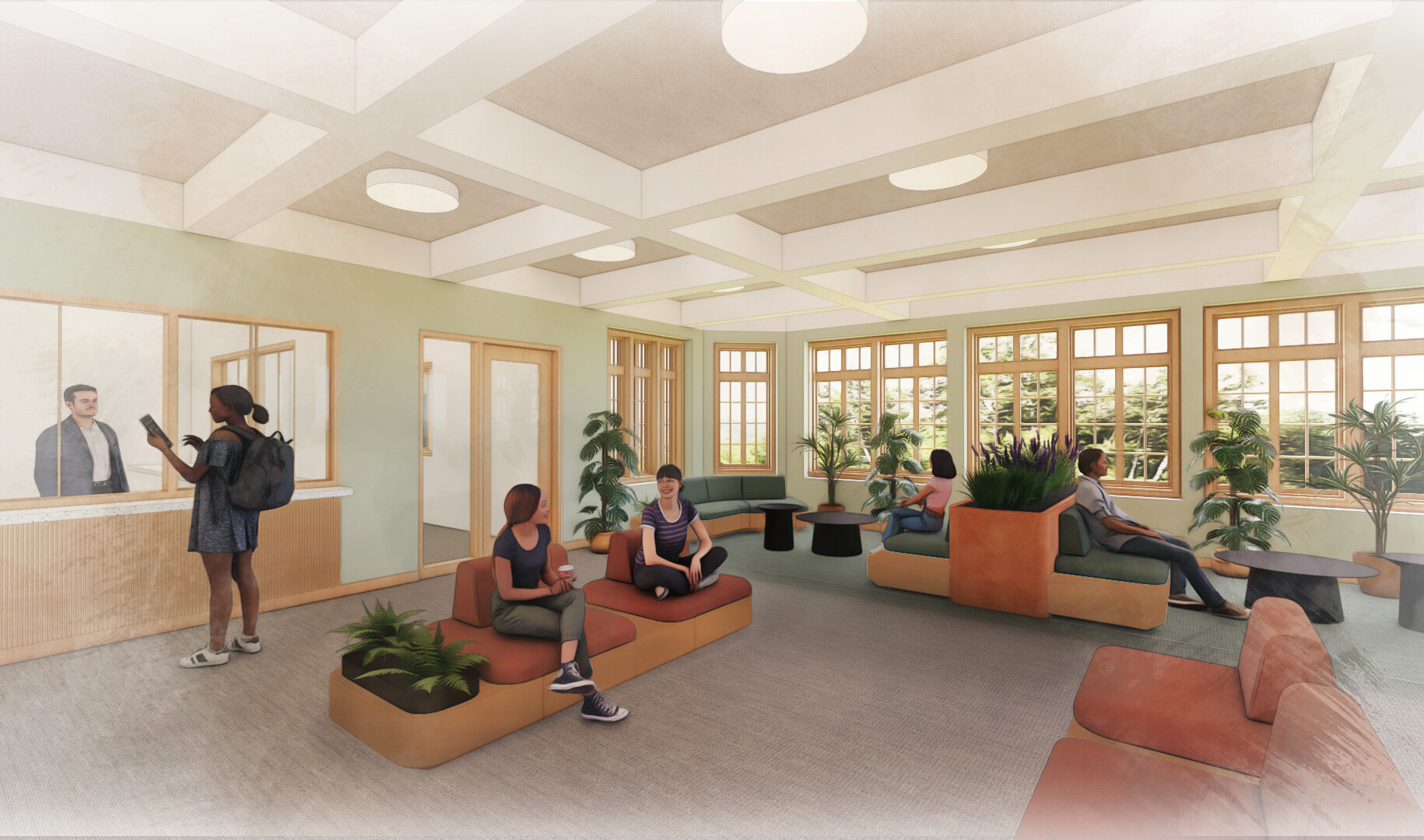 Interior rendering of a lobby with couches and integrated planters, muted green and orange palette, wood accents, and people relaxing among indoor plants.
