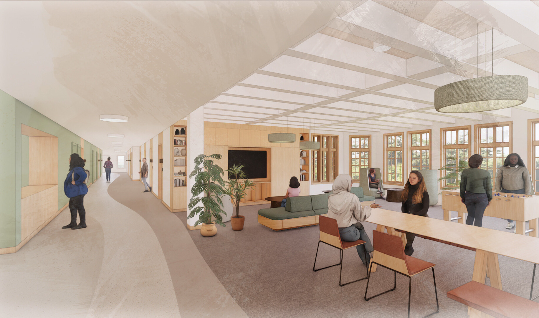 Interior rendering featuring soft natural colors, wall of windows, comfortable seating, television, foosball table, and long tables for meetings.