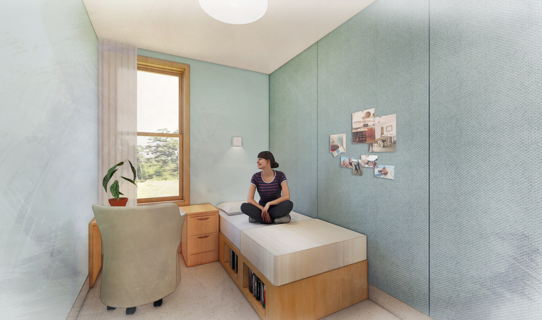 Interior rendering of a private room with light blue walls, a window above a small desk and chair, and a twin bed with a wall-mounted light.