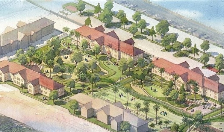 Aerial watercolor rendering of the full Los Angeles County Care Community campus, with all buildings, pathways, and lush landscaping visible between structures.