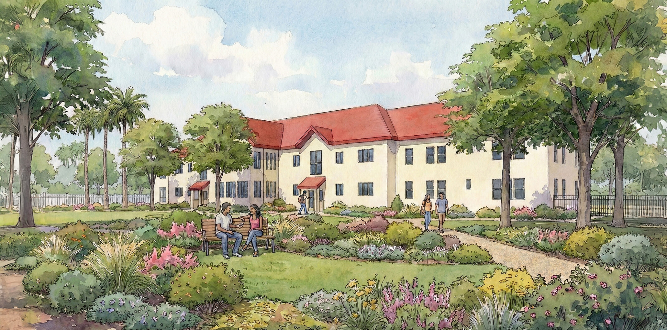 Watercolor illustration showing the main building of the Los Angeles County Care Community with red roof, well-kept landscaping, and people enjoying the garden and walking on the grounds.