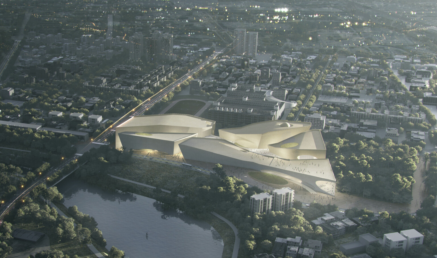 Aerial view of museum showing the interconnection of different organic building segments