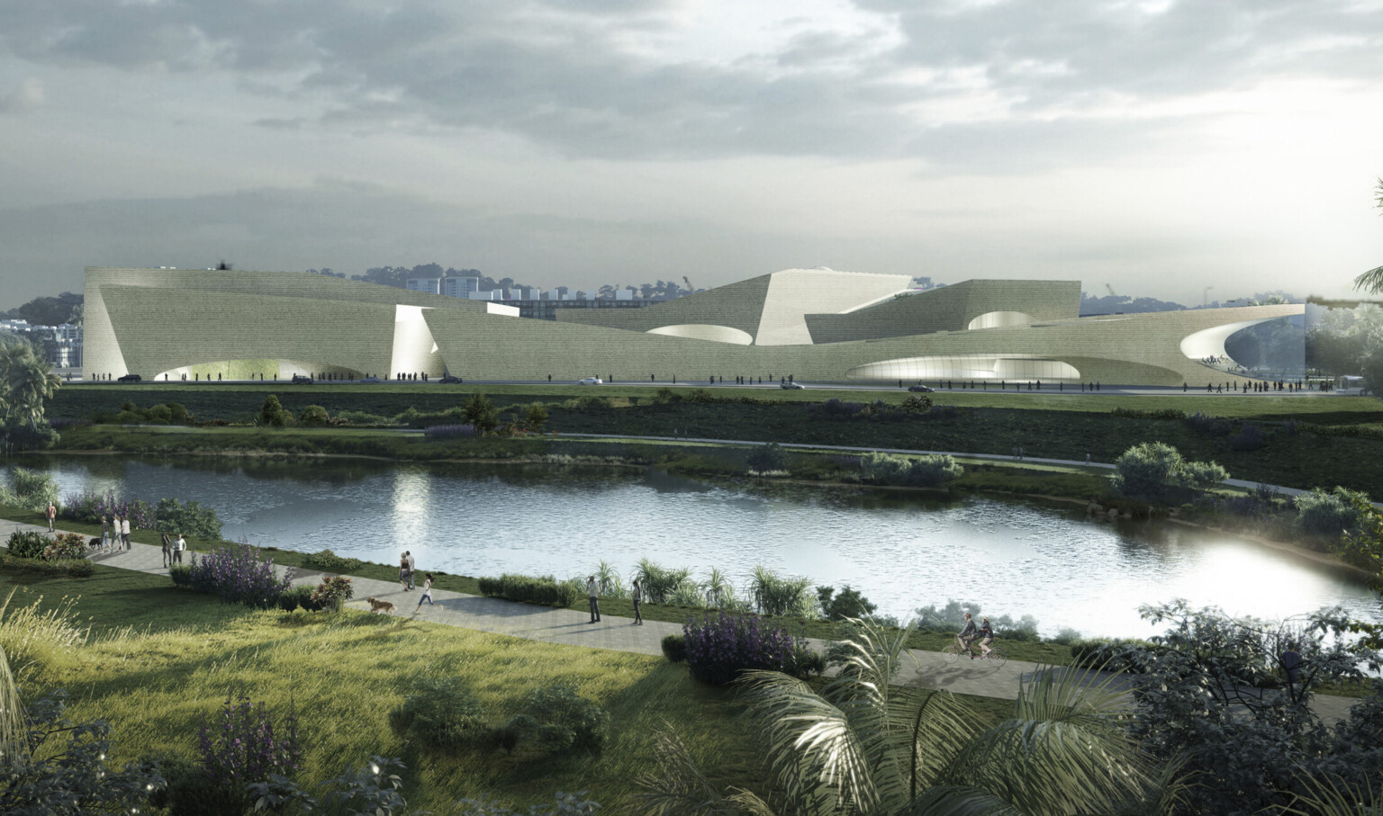 Rendering of wide white building with angular slopes and wide arching windows viewed from across the river