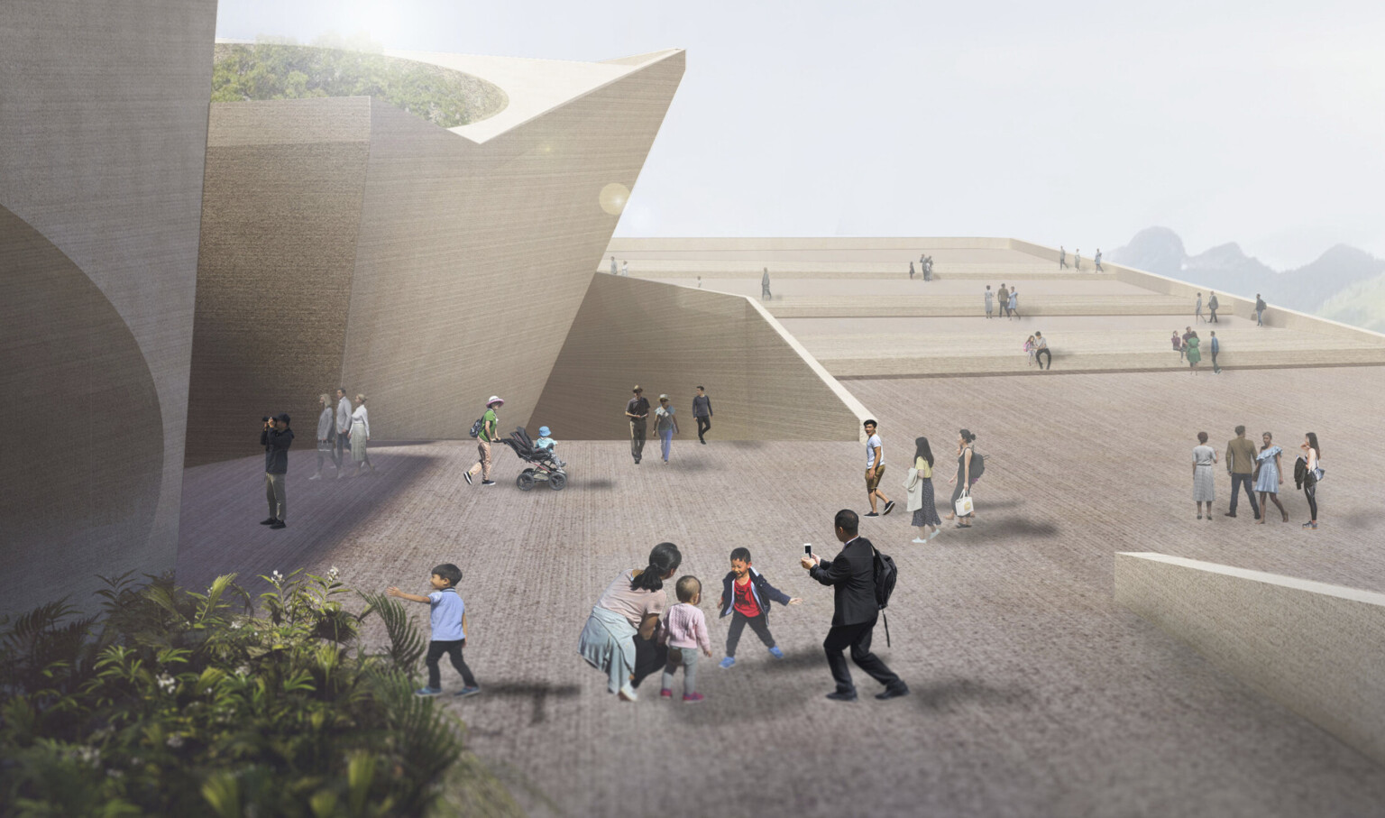 Angled geometric structure with round planter in large courtyard with staggered incline to back
