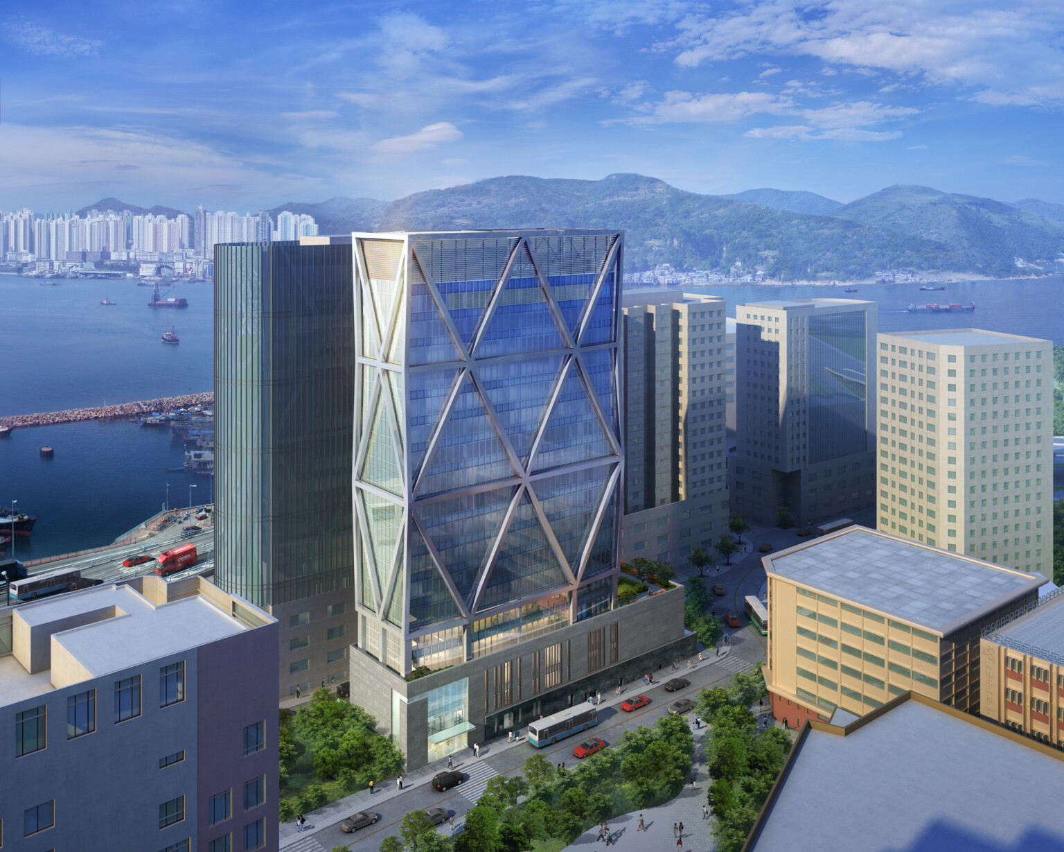 Modern cityscape featuring a prominent glass and steel building with a distinctive X-shaped structural design on its façade. The building is surrounded by other high-rise buildings, with a body of water and mountains visible in the background.