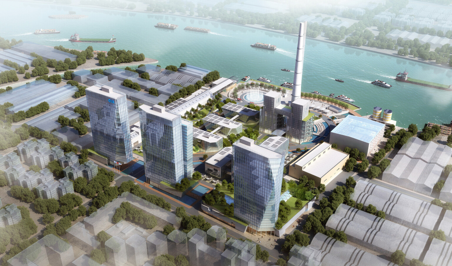 power plant redesign with mixed-use buildings and pedestrian areas looking out to boats on the Huangpu River power plant redesign with mixed-use buildings and pedestrian areas looking out to boats on the Huangpu River