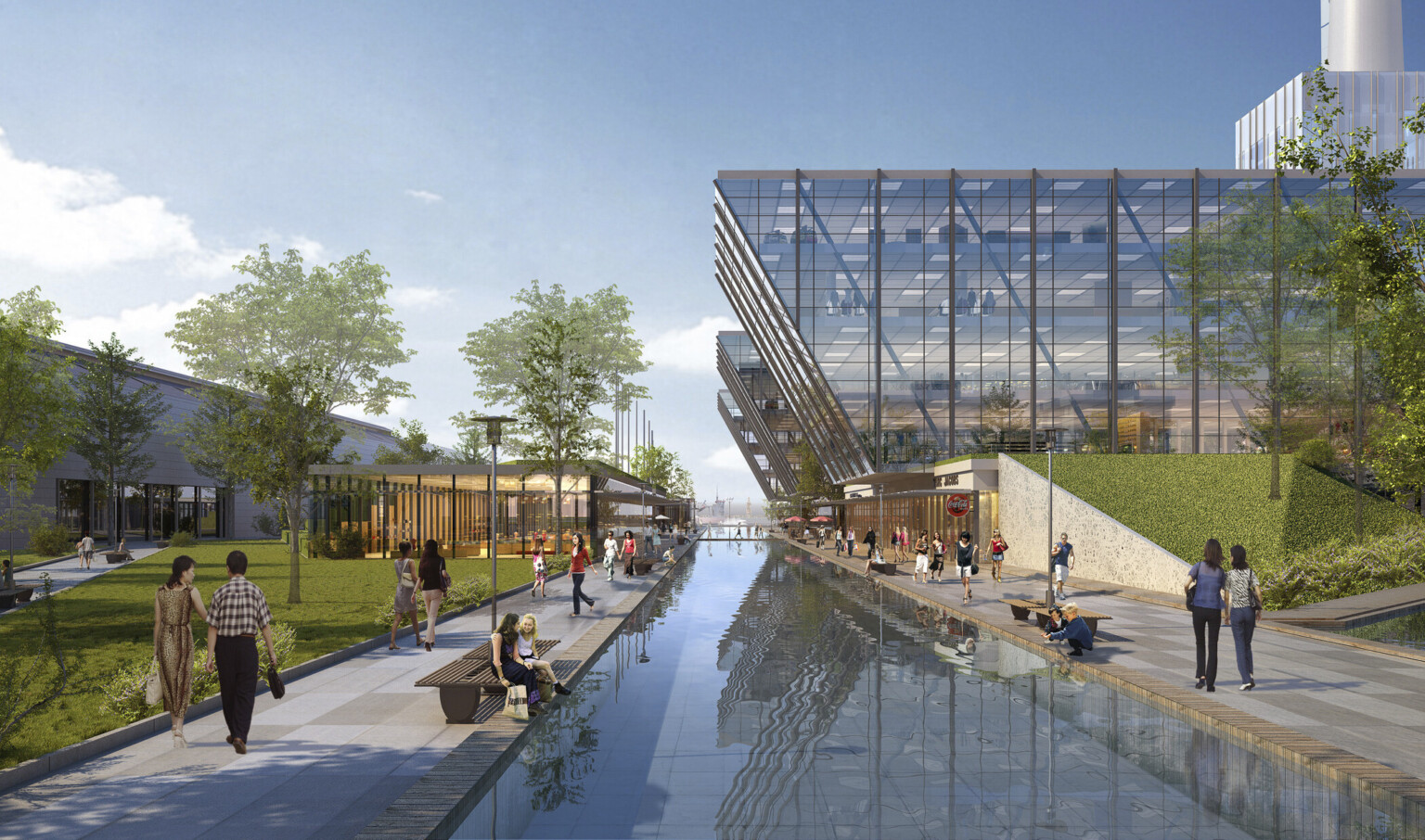 pedestrians walk along reflective pool between angular mixed-use buildings with full height windows