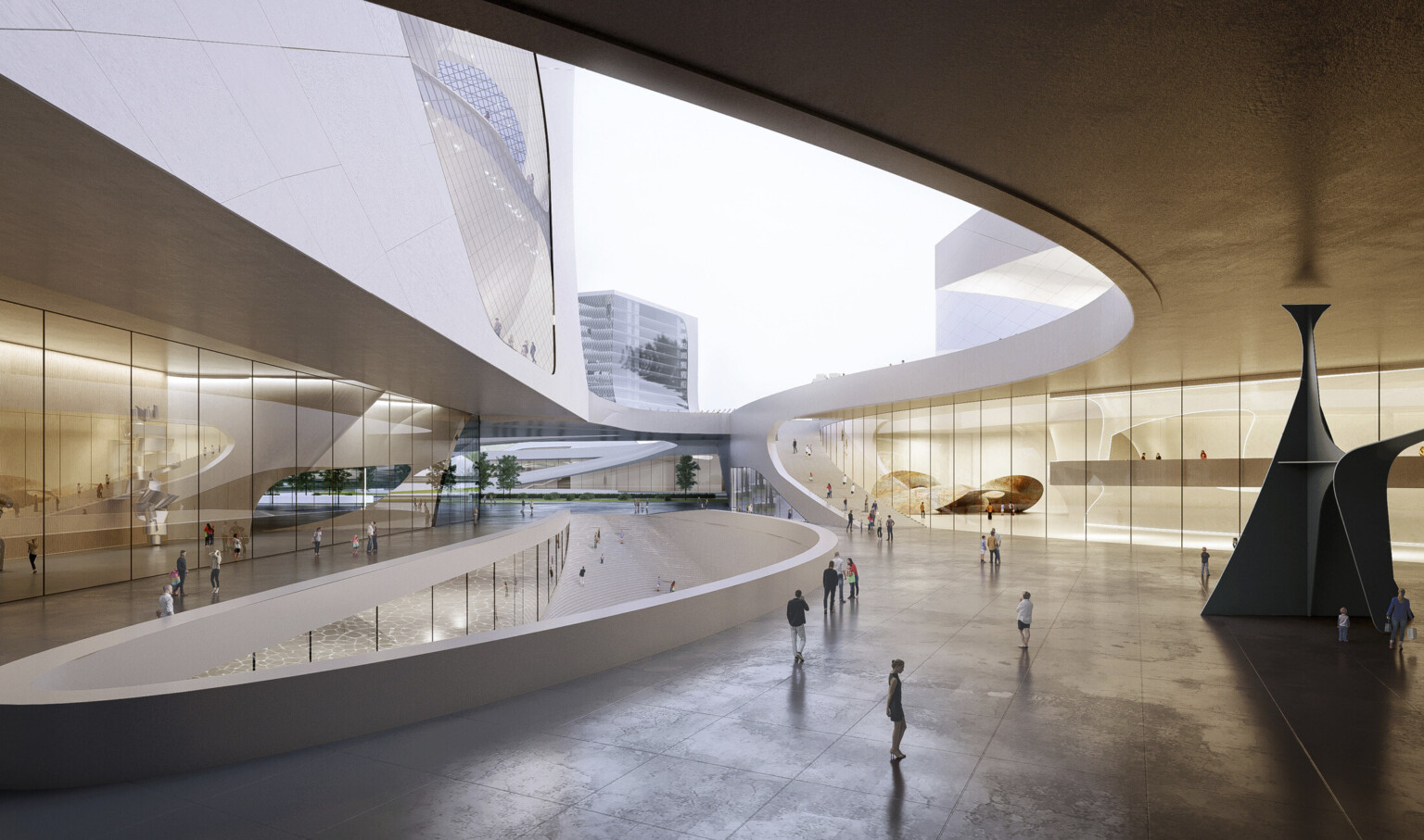 Spacious plaza with walkway on either side of descending ramp, surrounded by lobby windows and white overhang accessed by ramp