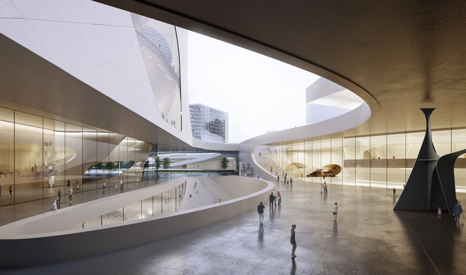 Spacious plaza with walkway on either side of descending ramp, surrounded by lobby windows and white overhang accessed by ramp