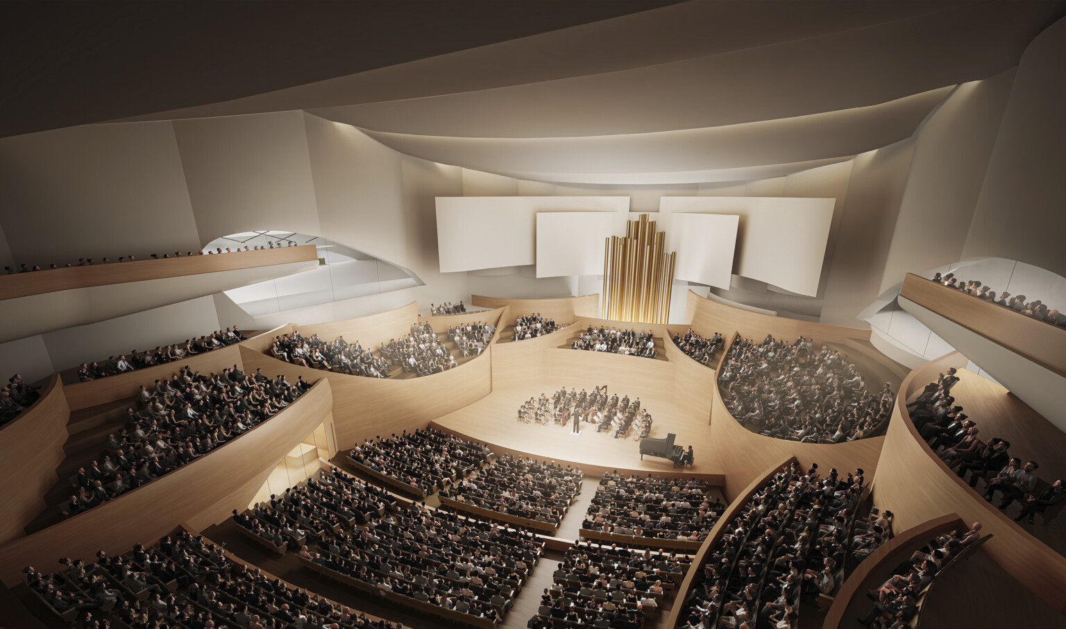 Theater interior with light wooden balconies surround the stage, behind center seating gold pipes with white acoustic panels