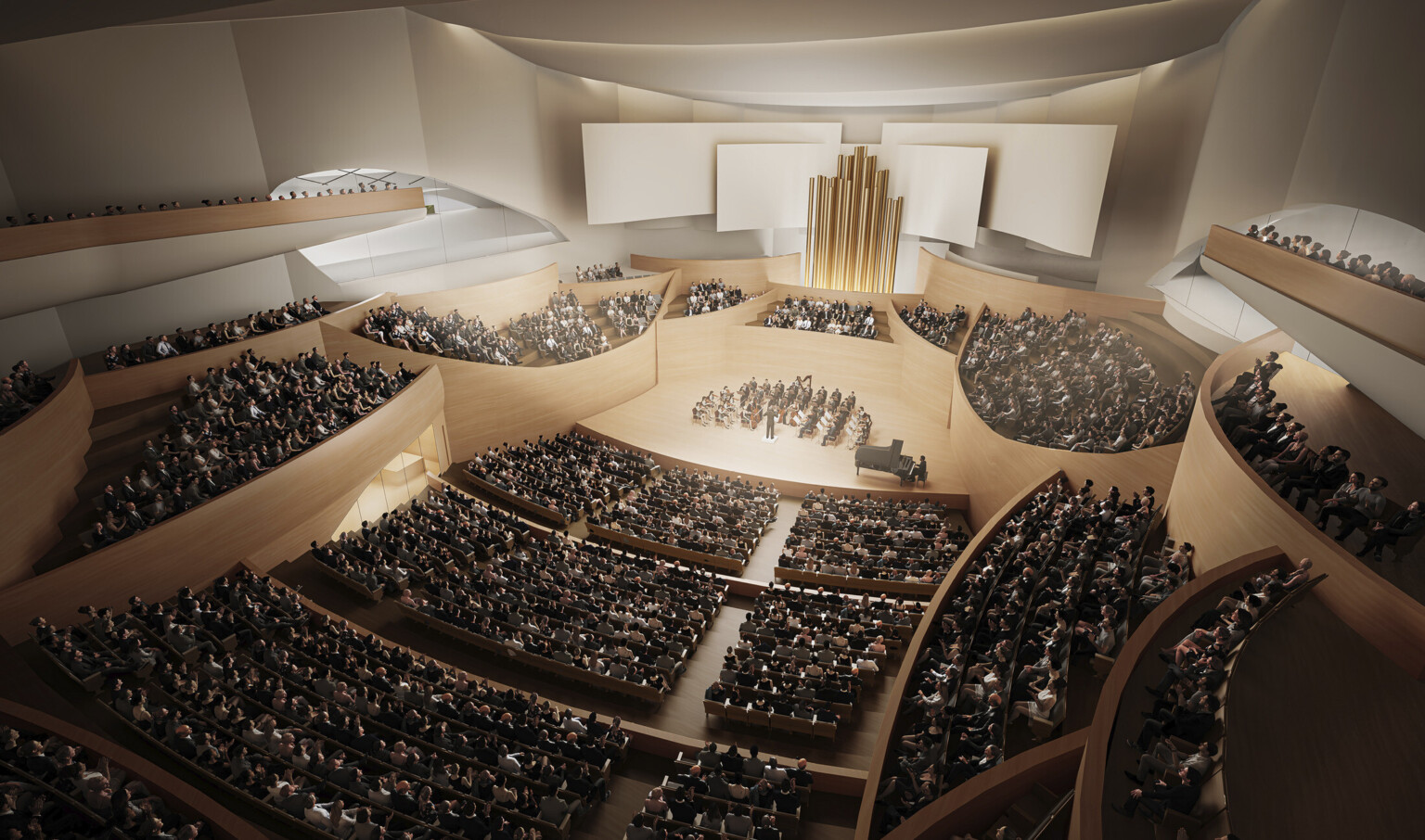 Theater interior with light wooden balconies surround the stage, behind center seating gold pipes with white acoustic panels