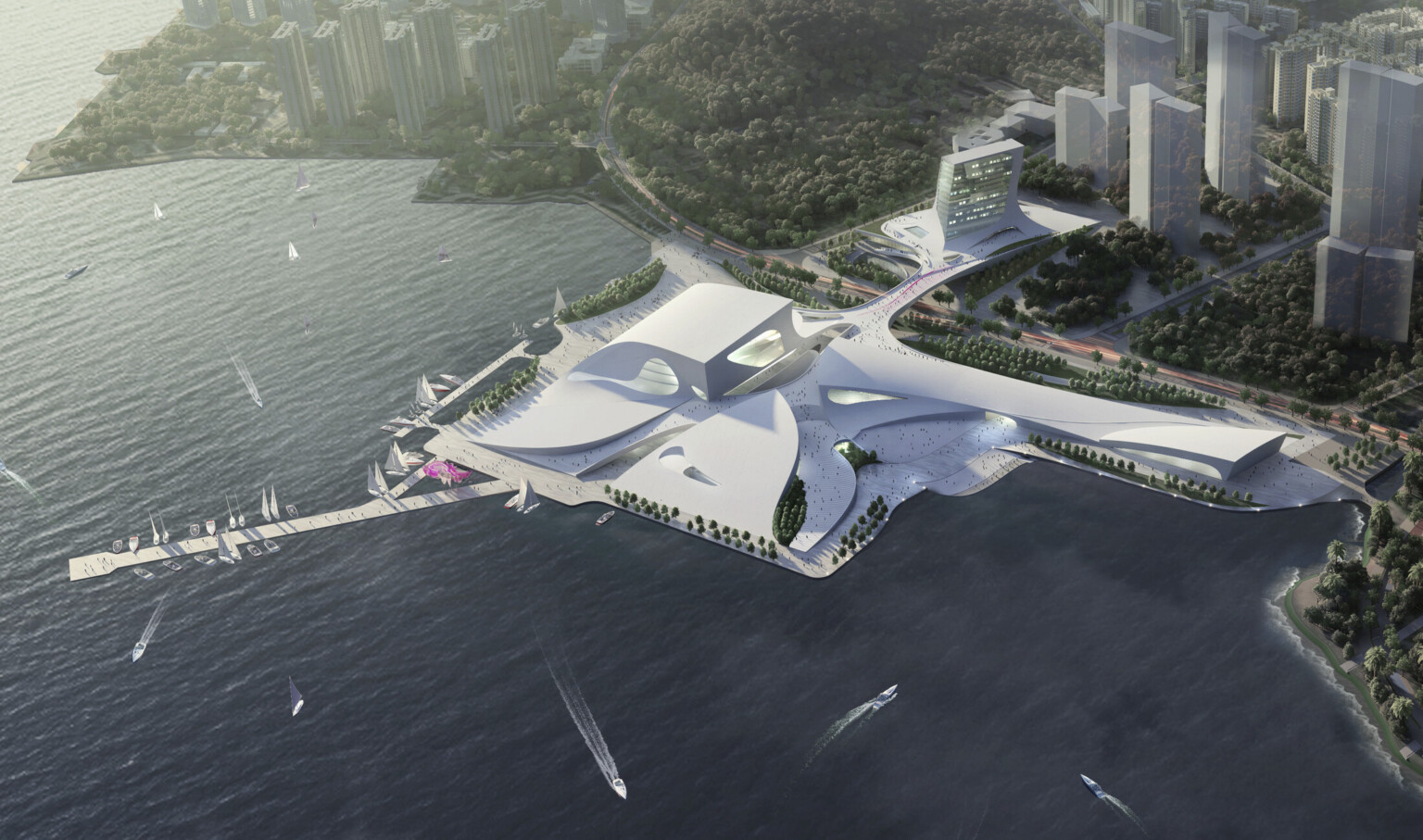 Aerial view of the sloping white Shenzhen Opera house between the Shenzhen Bay and Shekou Mountains Aerial view of the sloping white Shenzhen Opera house between the Shenzhen Bay and Shekou Mountains