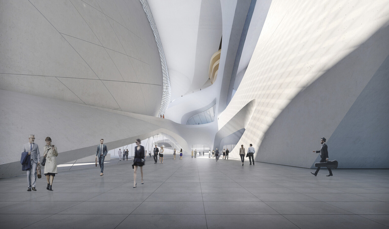 Interior walkway framed by white organic, sloping walls and geometric window designs