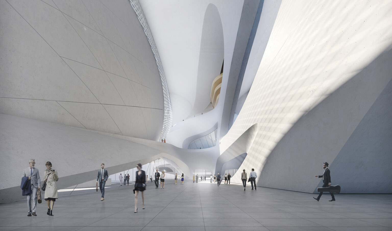 Interior walkway framed by white organic, sloping walls and geometric window designs