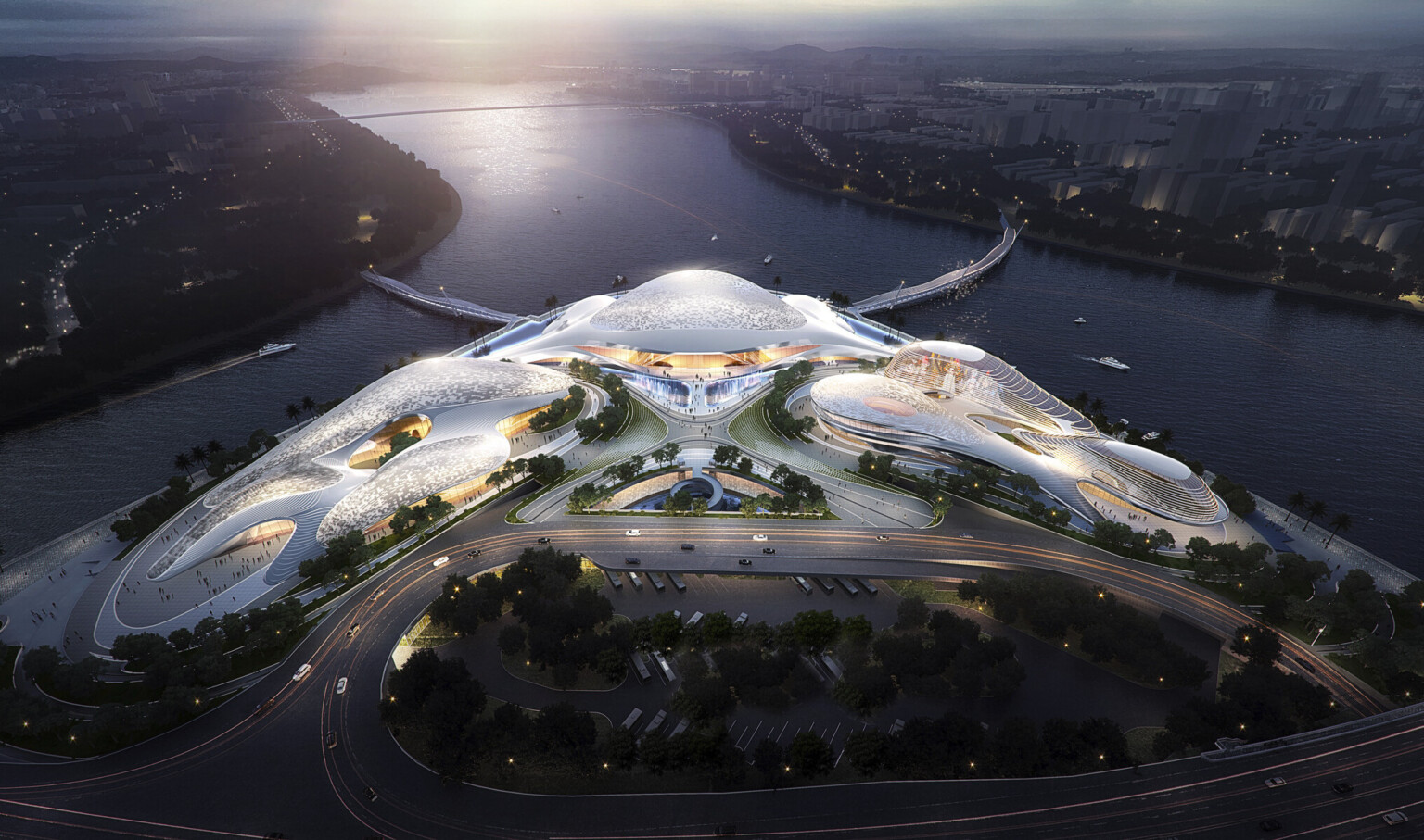 Aerial view of three portioned center with white textural fluid architecture coming to triangular overall shape