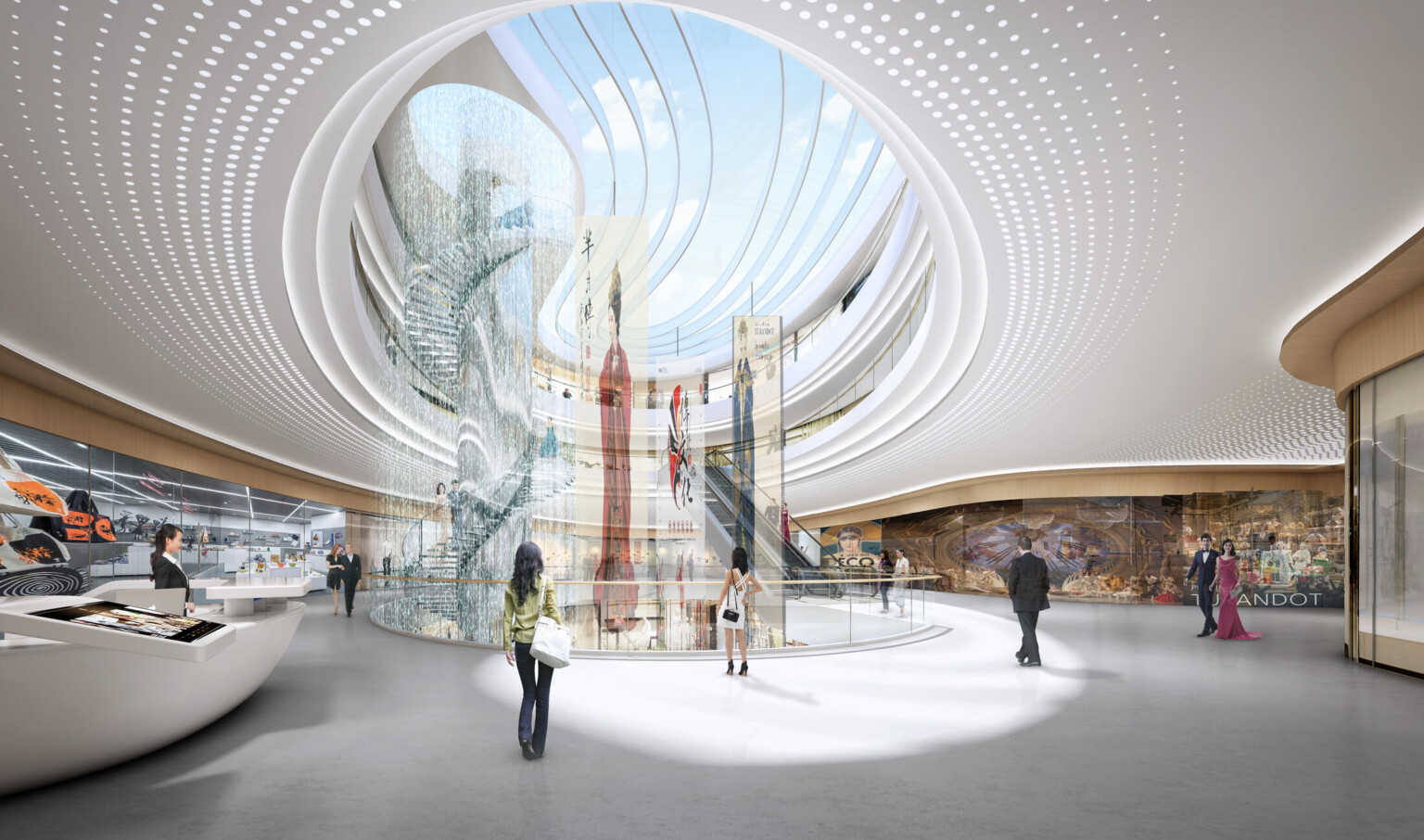 Interior with rounded skylight and items hanging in cutout within floor and floor to ceiling displays, modern display counters