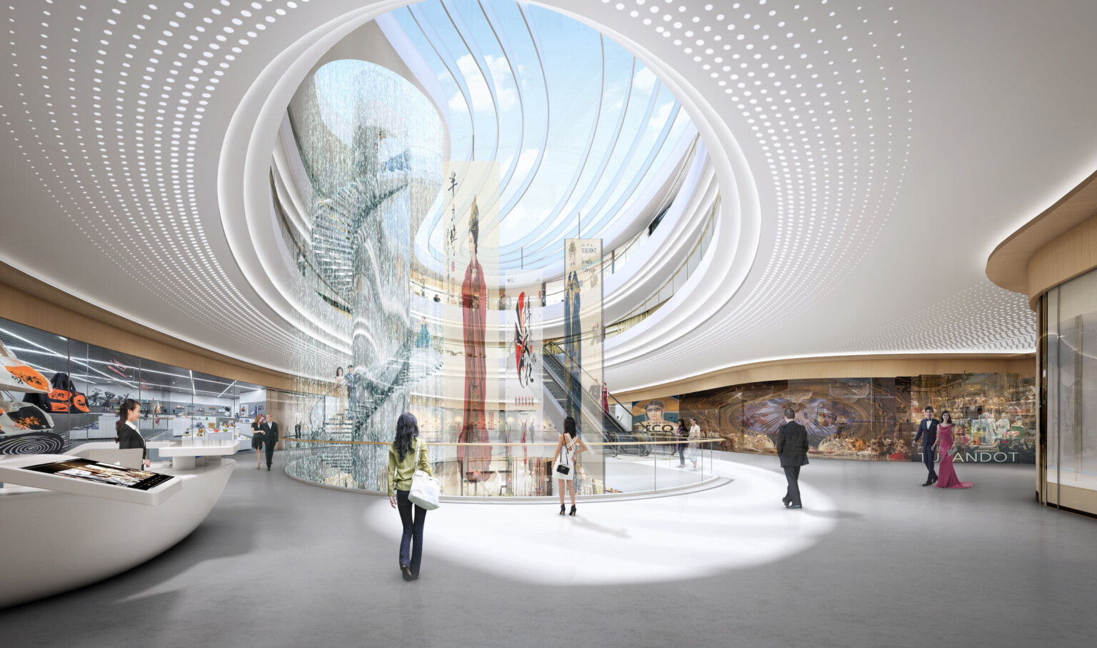 Interior with rounded skylight and items hanging in cutout within floor and floor to ceiling displays, modern display counters