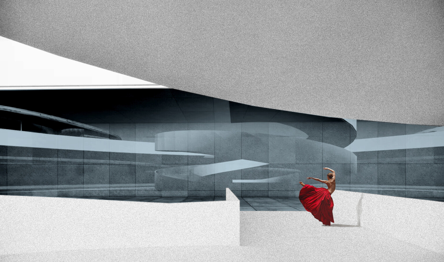 dancer in hallway with organically rounded walls and ramps
