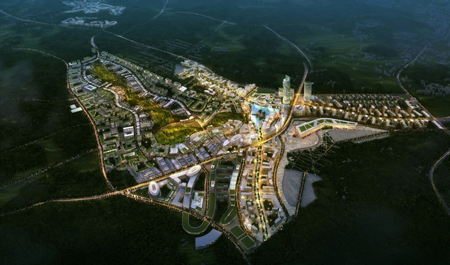 Smart City Korea illuminated at night with green roof buildings and a large park curving towards lake