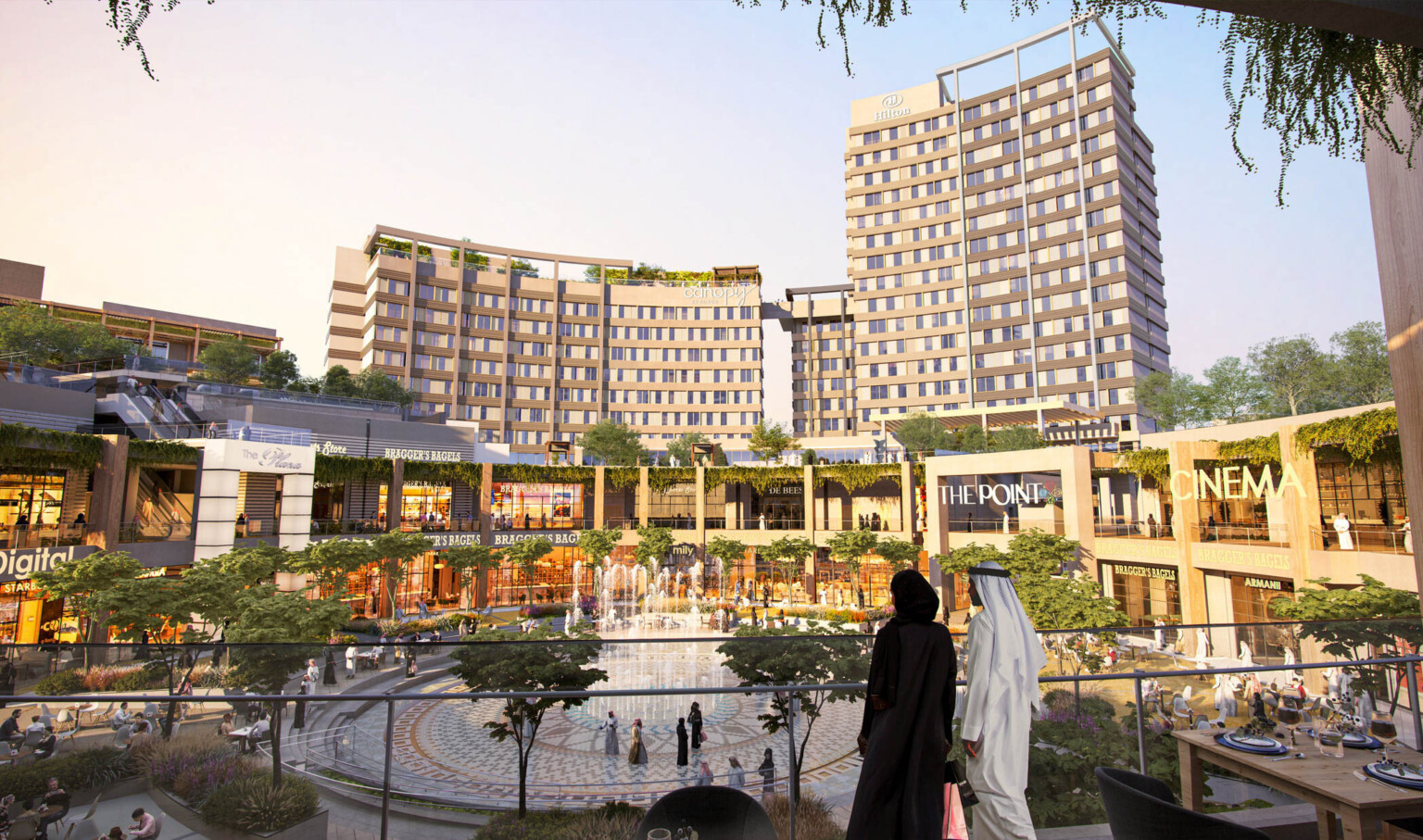 Upper level of outdoor shopping center with pathway down, seen in the evening. Multiple planters and green roofs along path Upper level of outdoor shopping center with pathway down, seen in the evening. Multiple planters and green roofs along path