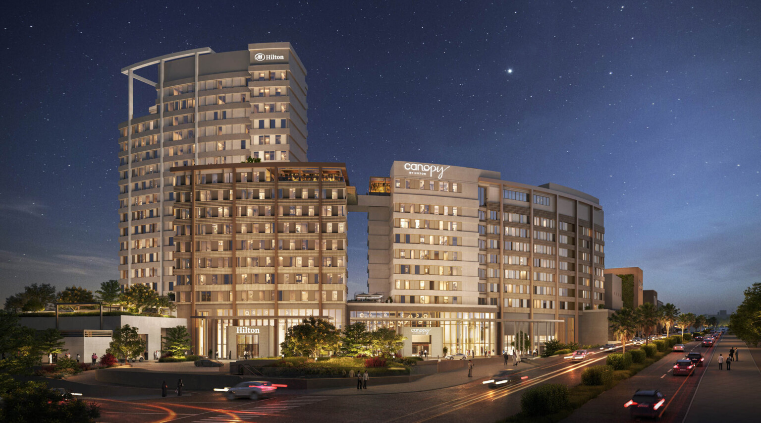 Night view of Hilton and Canopy by Hilton hotels