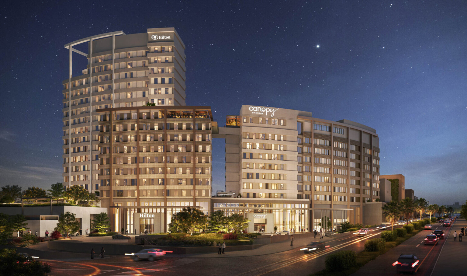 Night view of Hilton and Canopy by Hilton hotels