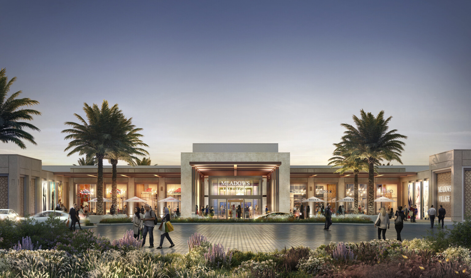 Pedestrians stroll toward a vibrant shopping center showcasing a variety of stores and a lively atmosphere. Pedestrians stroll toward a vibrant shopping center showcasing a variety of stores and a lively atmosphere.