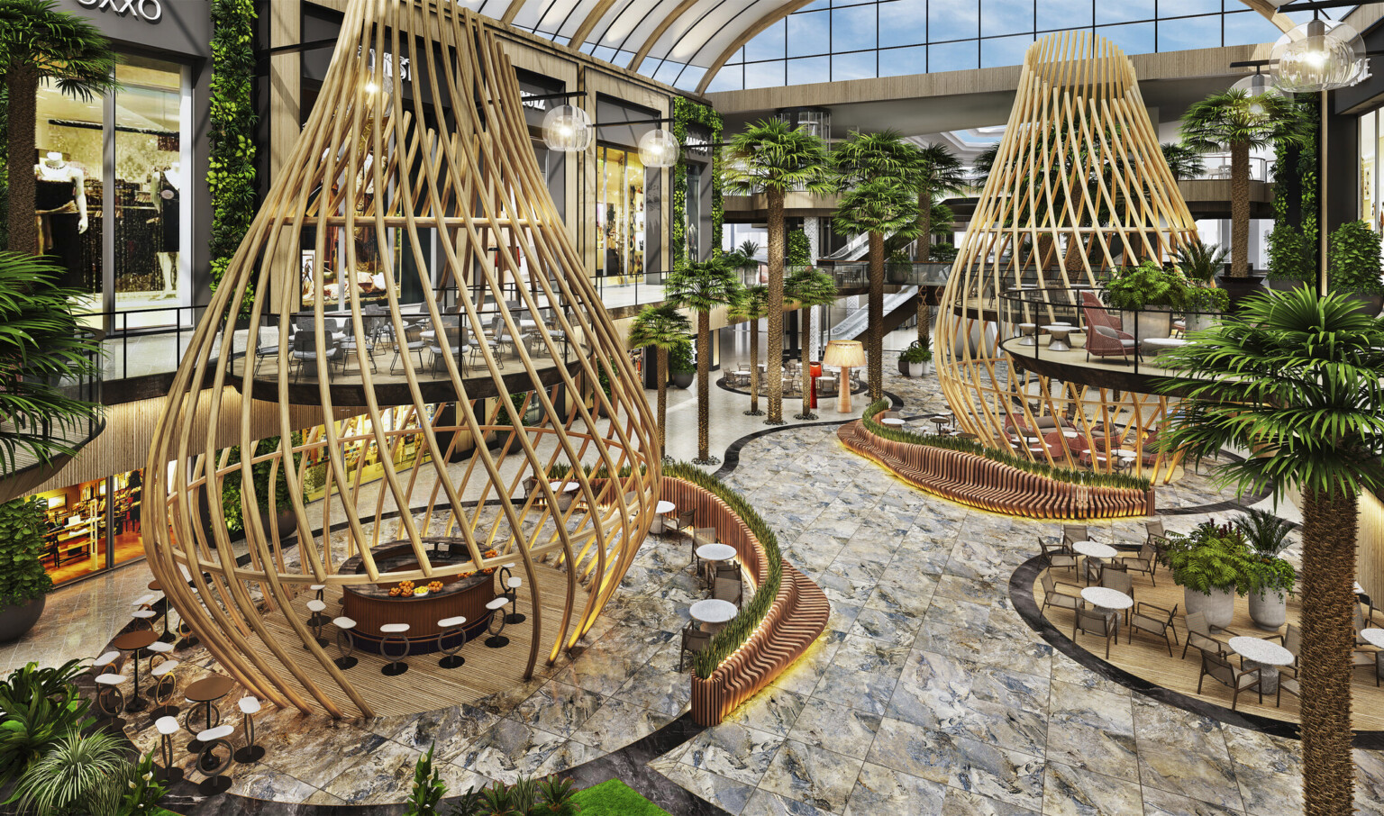 Mall interior with wooden structures surrounding seating areas filled with palm trees