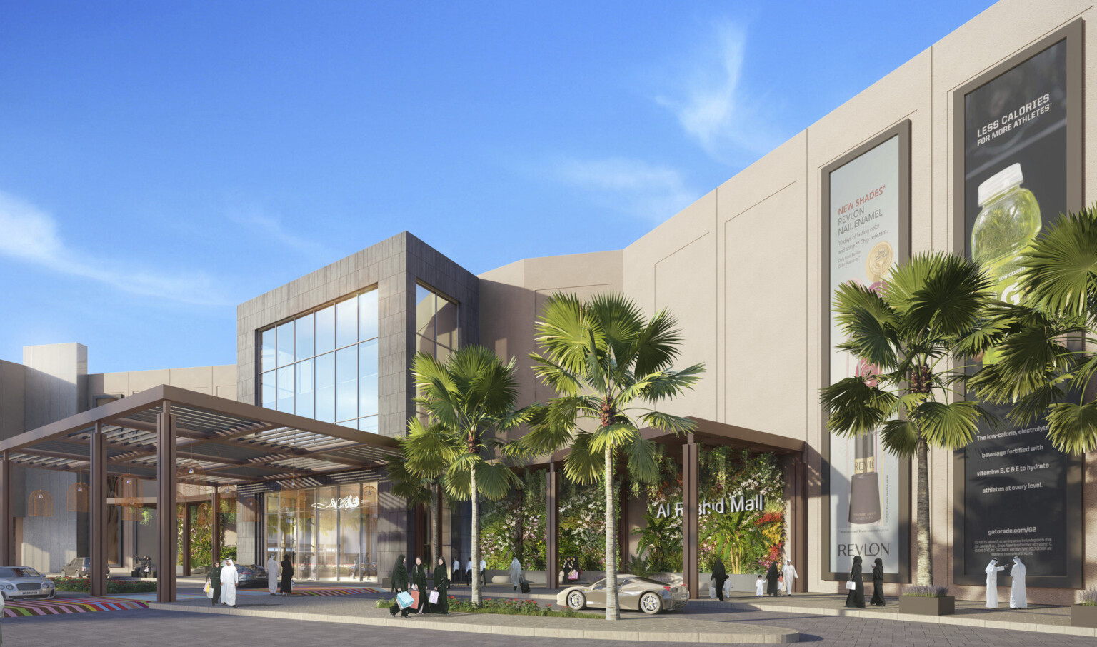 A mall exterior with cars and palm trees against a backdrop of sunny blue skies.