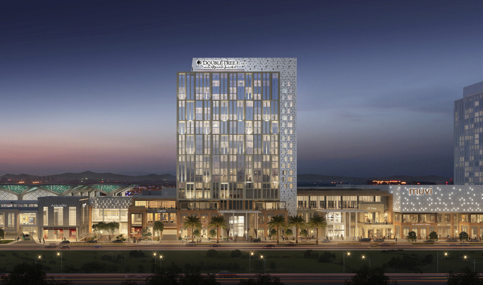 Design concept for three story mixed-use development seen from across parking lot, Double Tree hotel rising above at center. Multiple entrances and large windows