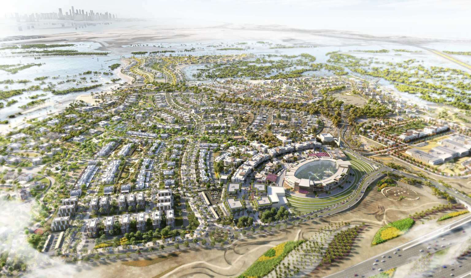 Jubail Island aerial view rendering with buildings surrounded by greenery, water adjacent