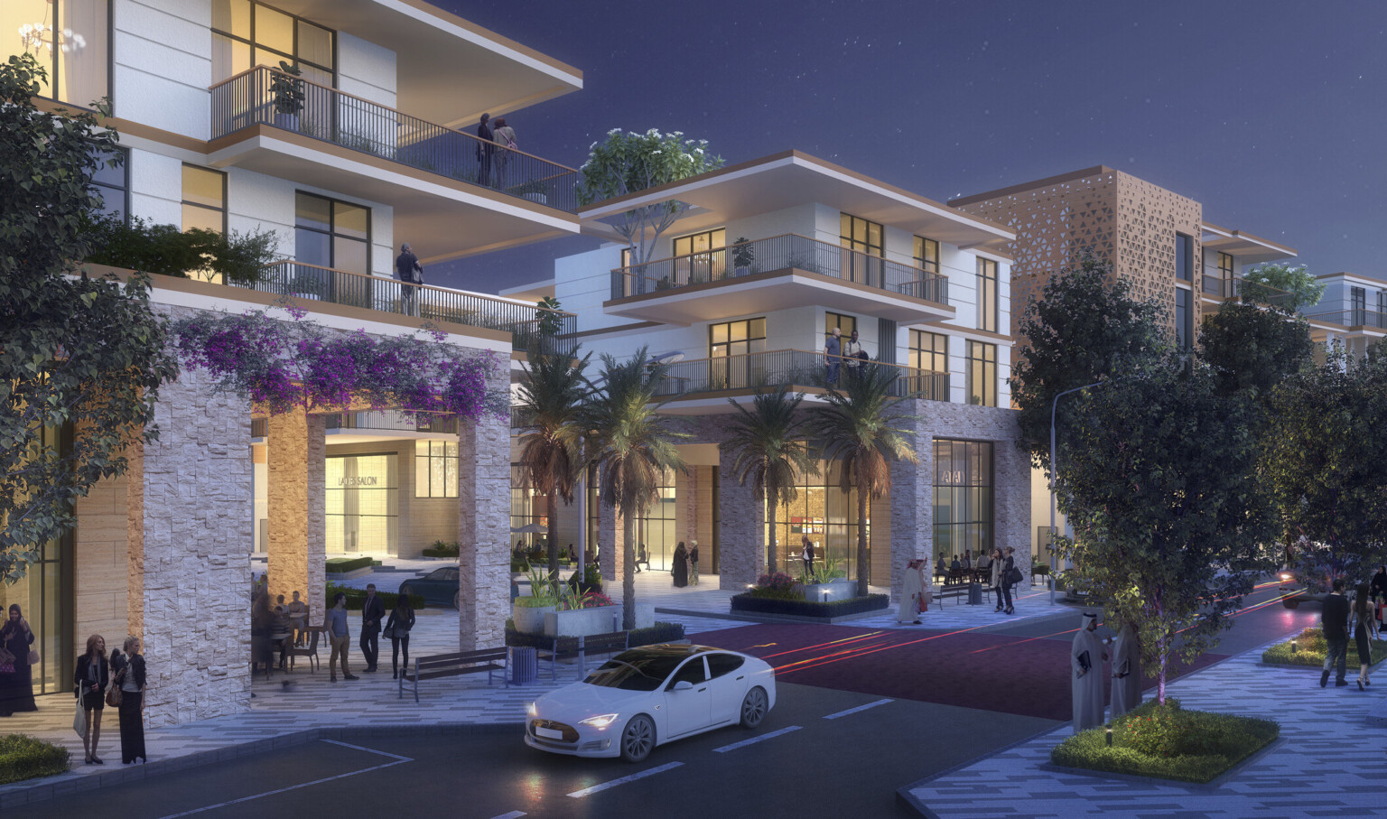 Double height glass 1st floor with stone column facade below apartments with wrapping corner balconies