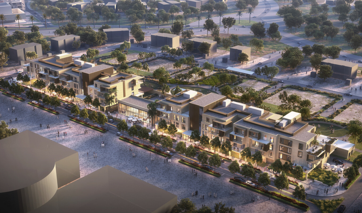 Pedestrian space in front of block long building with apartments. Double height central glass building. Courtyard garden back