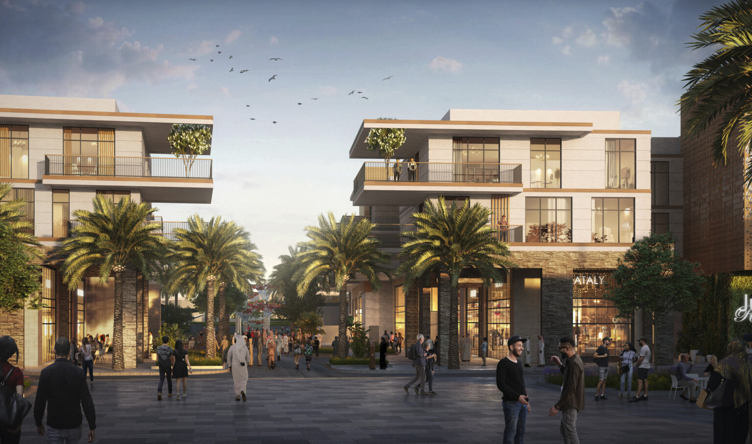 2 buildings with double height storefronts below 2 stories of living space with corner balconies over walkway with trees