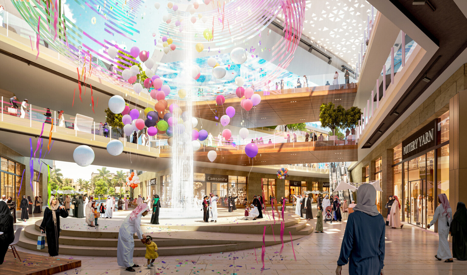 Partially covered 3 story atrium with sculptural structure over fountain and balloons surrounded by shops on each level