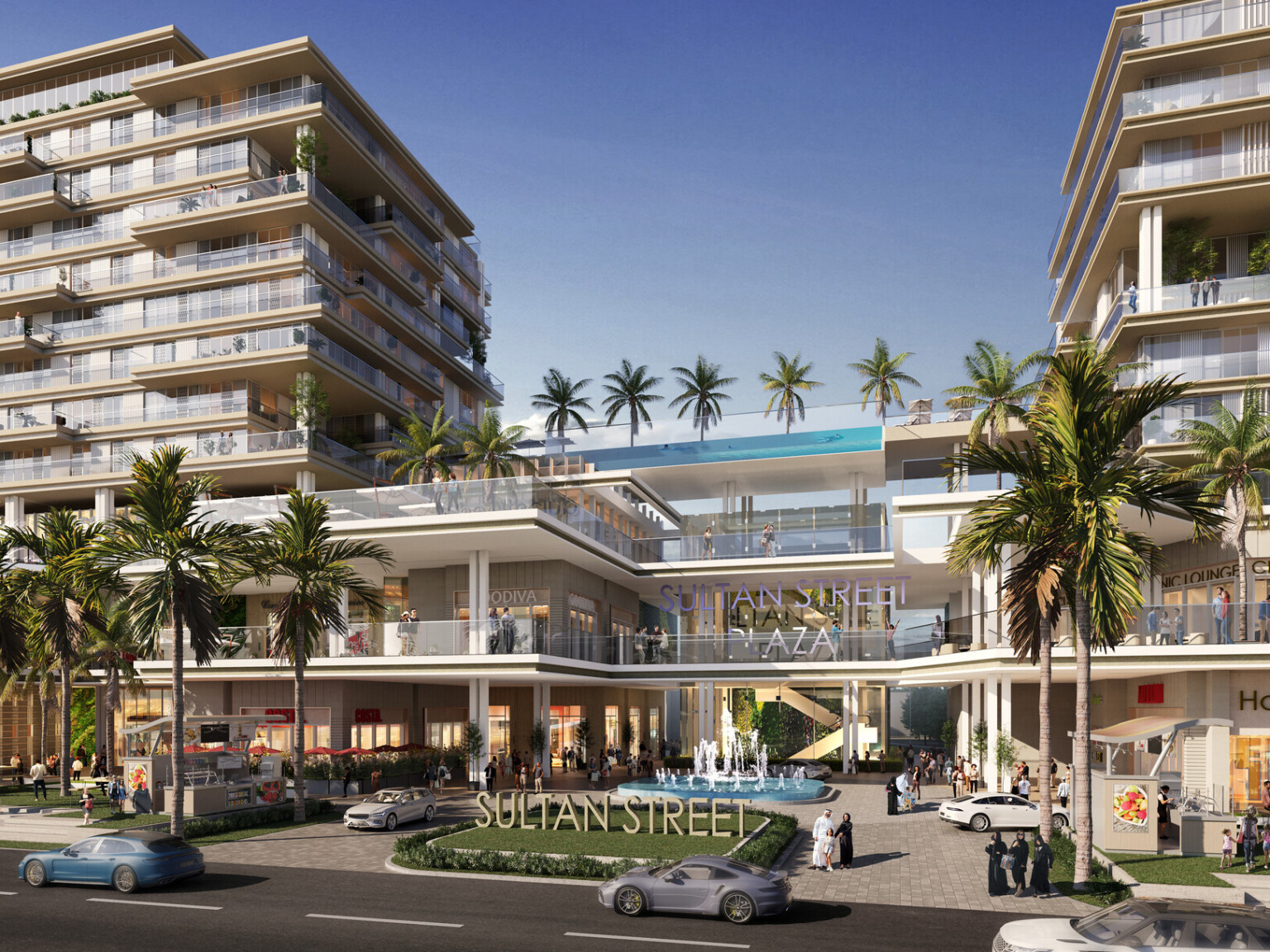Rendering of multistory apartment building with a glass skywalk lined with palm trees