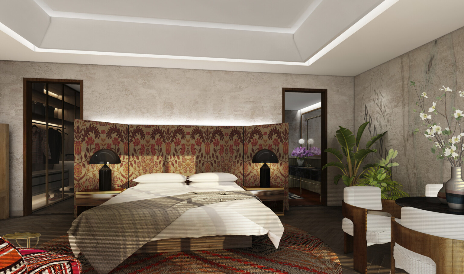 Moody hotel interior with reds, oranges, and creams, patterned fabric headboard, black lamps, textured red carpet, walk-in closet, coffered ceiling