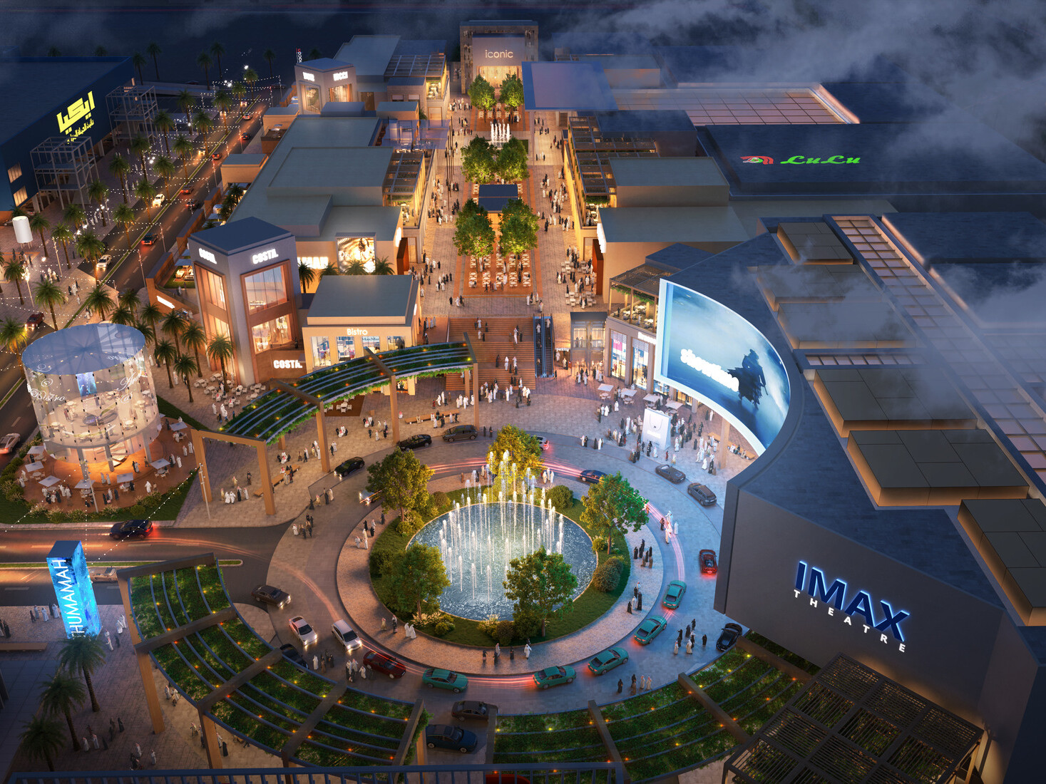 Nighttime rendering of a retail space showing large stores surrounding a water fountain