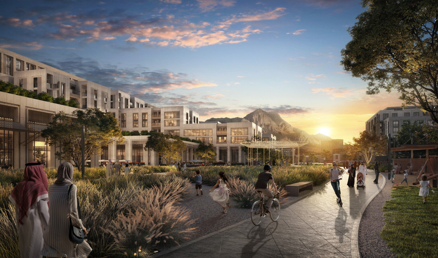 Sunset view of a beautifully landscaped urban area with modern low-rise buildings, walking paths, and lush greenery. People are walking, cycling, and enjoying the serene environment. Sunset view of a beautifully landscaped urban area with modern low-rise buildings, walking paths, and lush greenery. People are walking, cycling, and enjoying the serene environment.