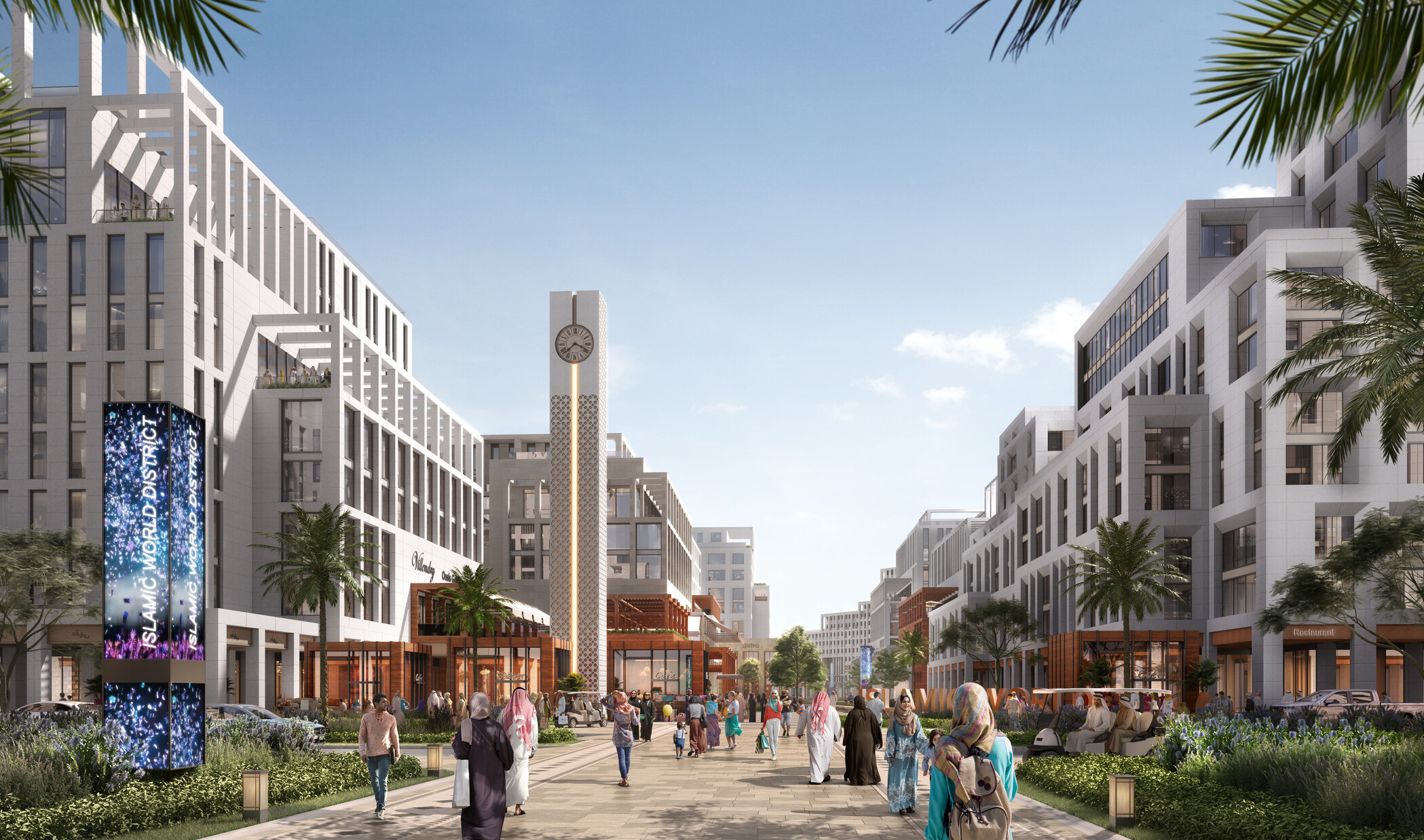 New city block in Madina, Saudi Arabia with an activated pedestrian walkway, a clock tower, white stone building facades, and wood paneling at ground level